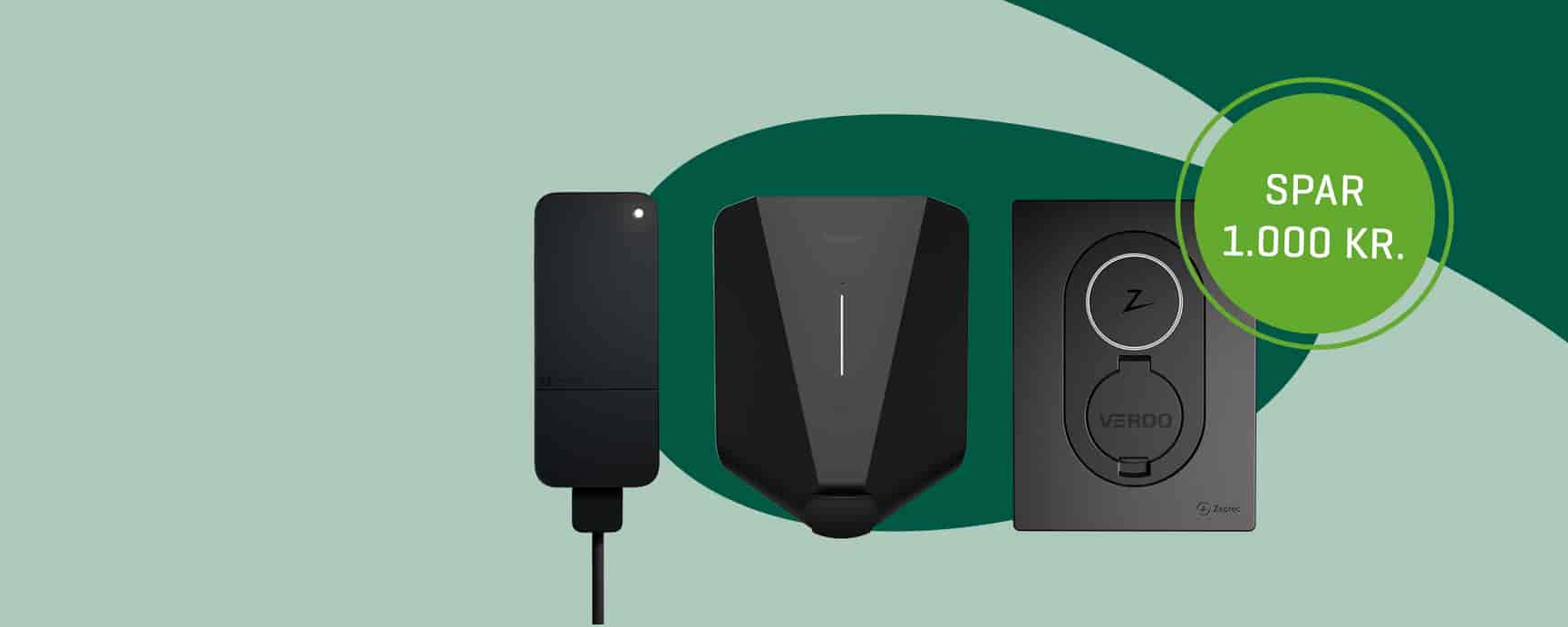 amina c, easee up eller zaptec go ladeboks stillet op på grøn bølget baggrund